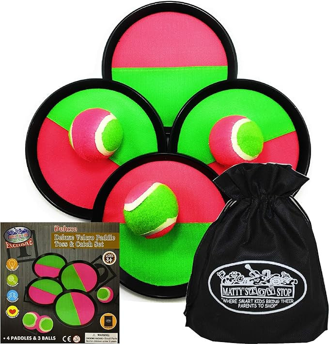 Matty's Toy Stop Deluxe Toss & Catch, Paddle Game Sports Set with 4 Paddles, 3 Balls & Storage Bag