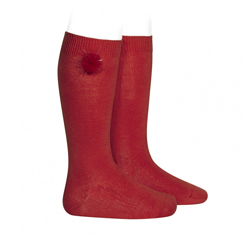 Condor Faux Fur Pom Pom Knee Sock Red Size 4