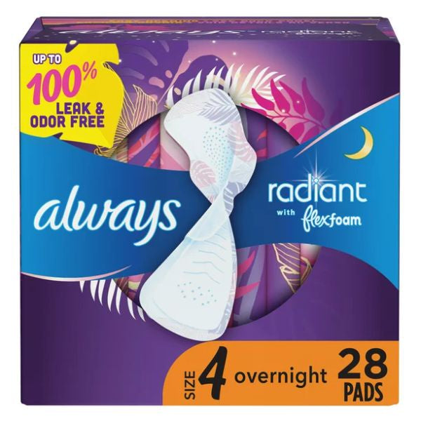 Always Radiant Overnight Pads with Wings Scented Size 4 28ct