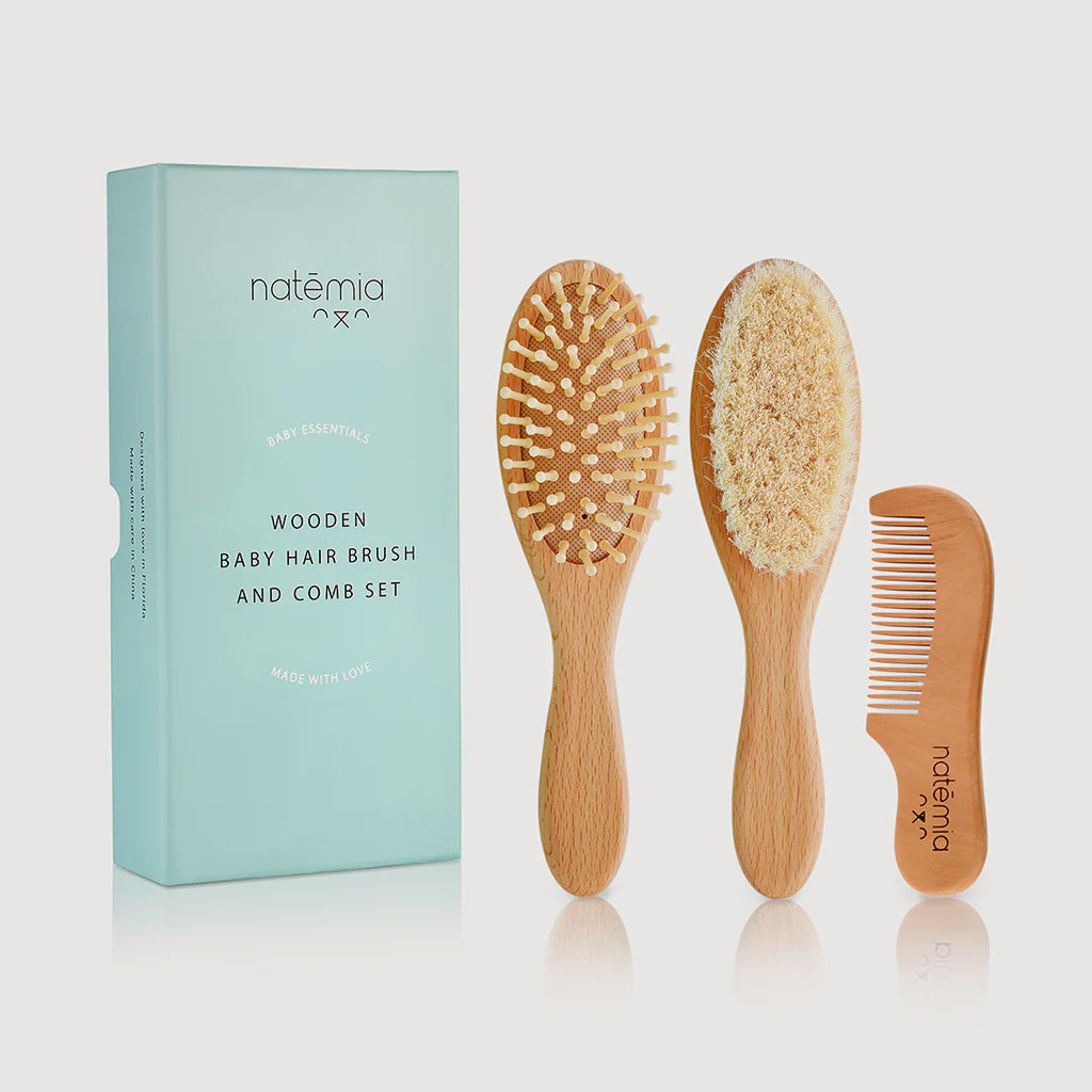 Natemia Wooden Baby Hair Brush Set With Natural Bristles