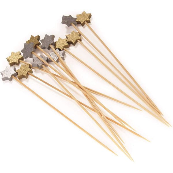 Winter Snowflake Bamboo Picks 3.9" Gold/Silver 25 pk