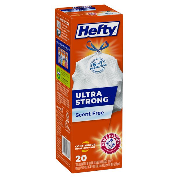 Hefty Ultra Strong Tall Kitchen Drawstring 13Gal Trash Bags, Unscented 20ct