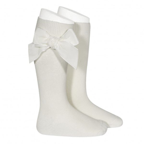 JC Ceremony Velvet Bow Knee Socks, Cream