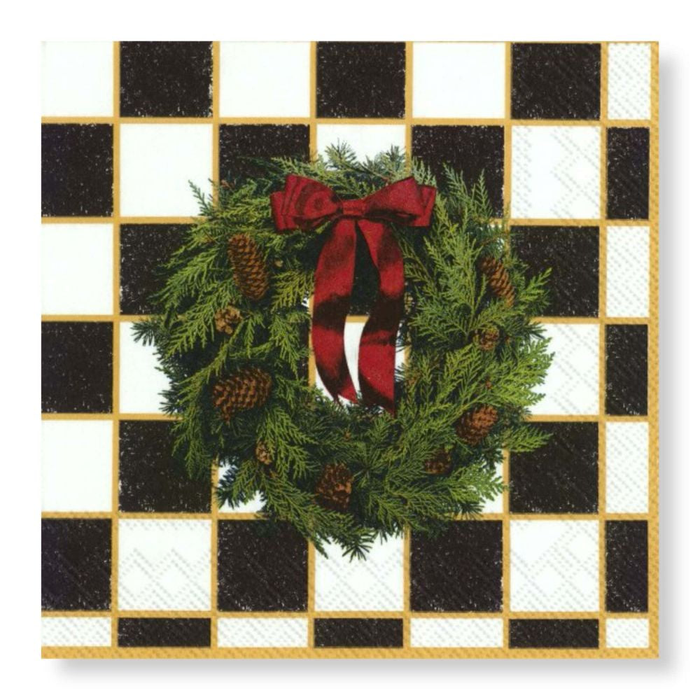 Manor Road Checkered Wreath Cocktail Napkins 20pk