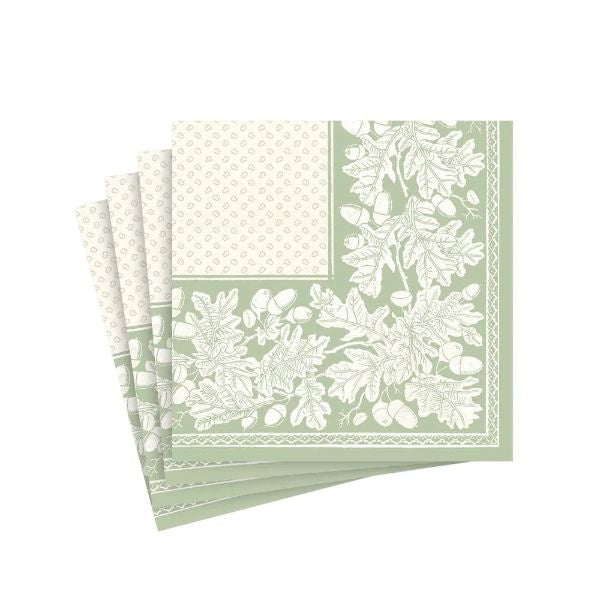 Oak Leaves & Acorns Paper Linen Cocktail Napkins, Sage Green/Ivory 15pk