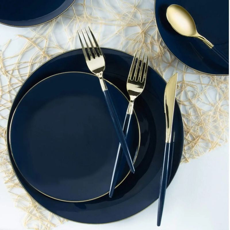 Round Navy Gold Plastic Plates, 10pk