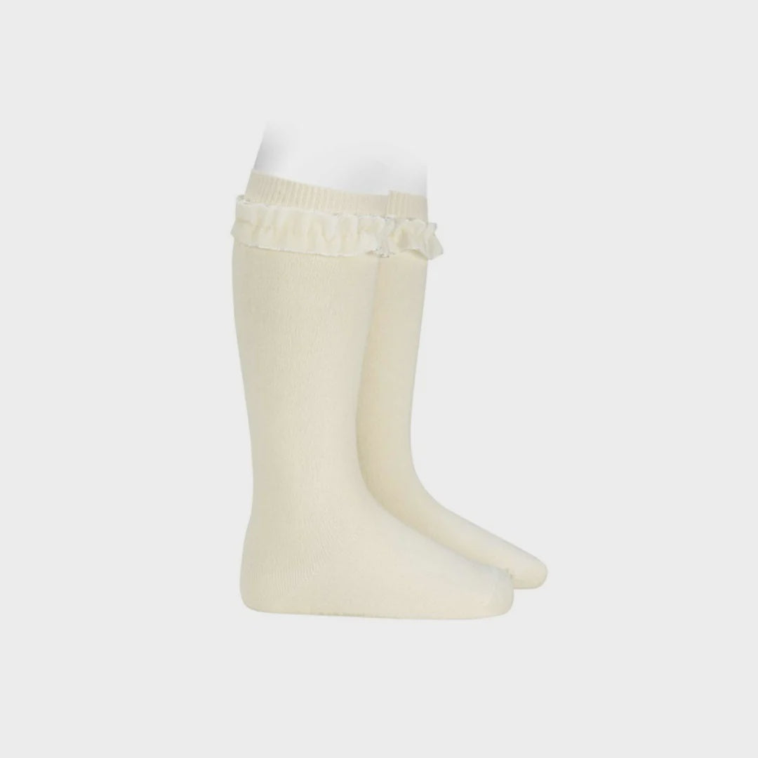 Condor Knee Sock W/ Velvet Ruffle, Cream